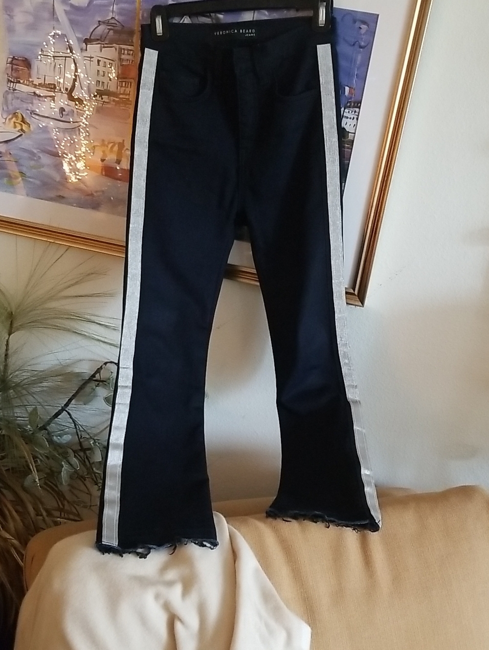 Veronica Beard Navy Flare Jeans with Silver Side Stripe
